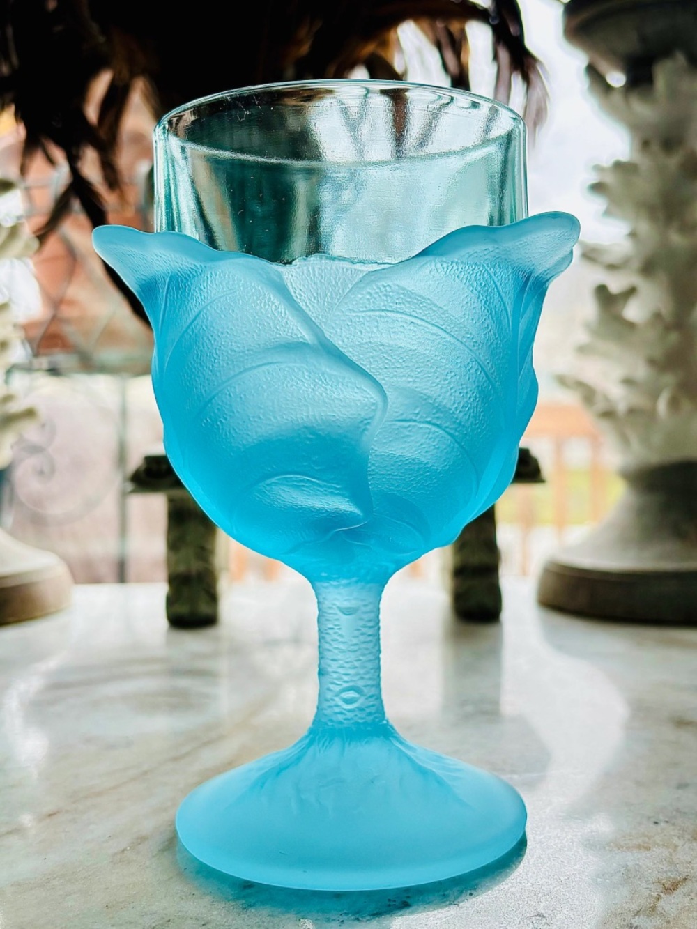 Vintage LG Wright Blue Cabbage Leaf Goblet - Decorative Glass Stemware one only